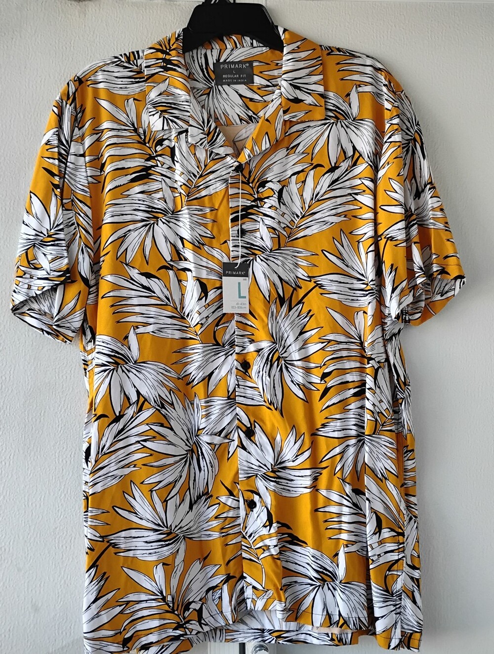Men Primark Yellow Short-Sleeve Tropical Button-Down Shirt